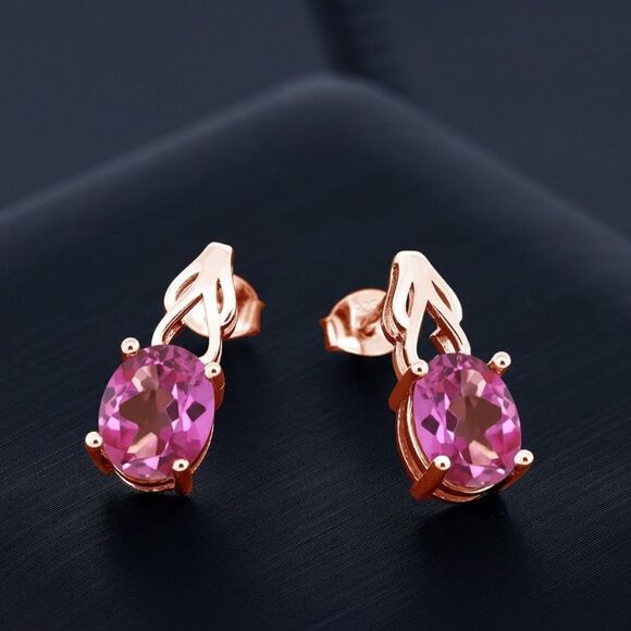 18K Rose Gold 925 with 3.60 Cttw Pink Mystic Topaz Oval Post Back Drop Earrings - Picture 2 of 4
